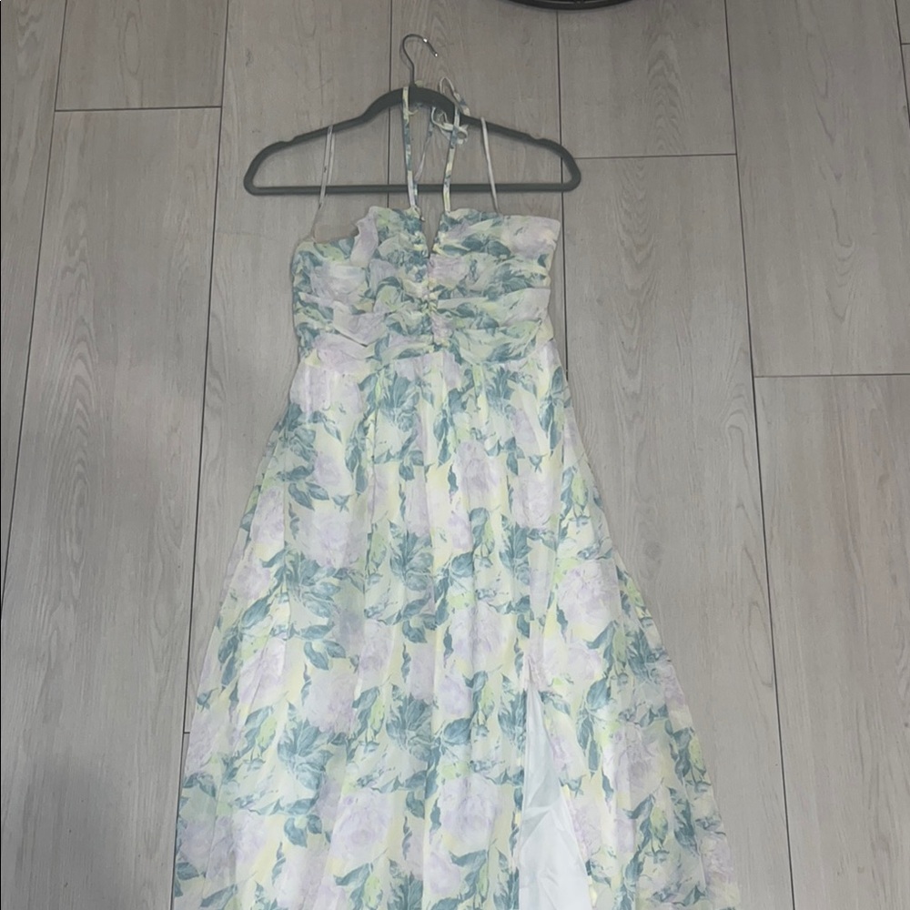 Lulu's Ruched Maxi Dress in White and Green